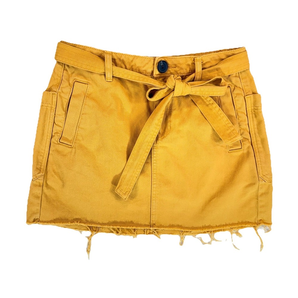 Pacsun Y2K Mini Skirt Yellow Denim Tie Waist Raw Hem Boho Festival Size 27 EUC